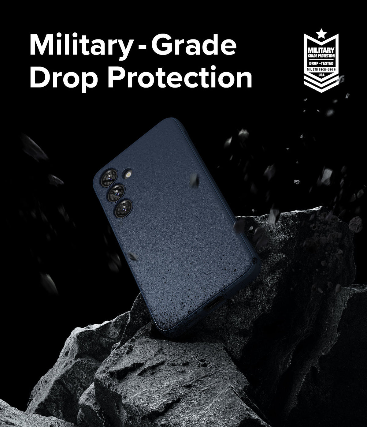 Galaxy S24 Plus Case | Onyx - Navy phone case floating above jagged black rocks with military-grade drop protection text.