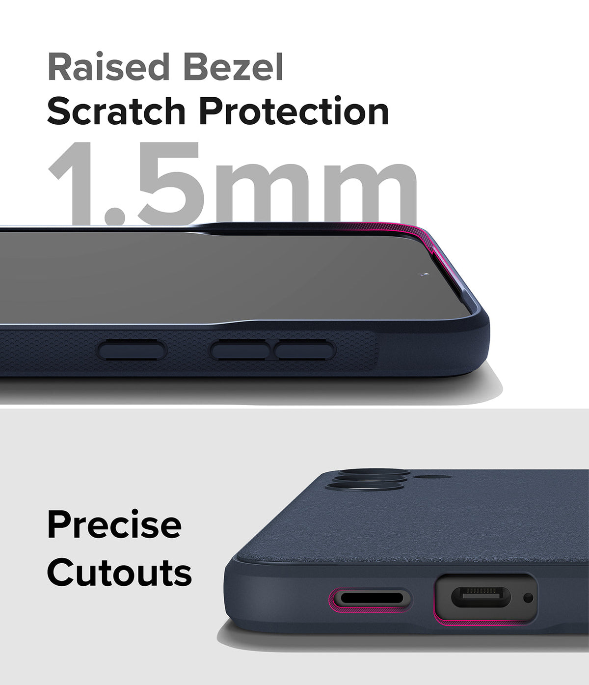 Galaxy S24 Plus Case | Onyx - Close-up of phone case showing 1.5mm raised bezel for screen protection and precise port cutouts.