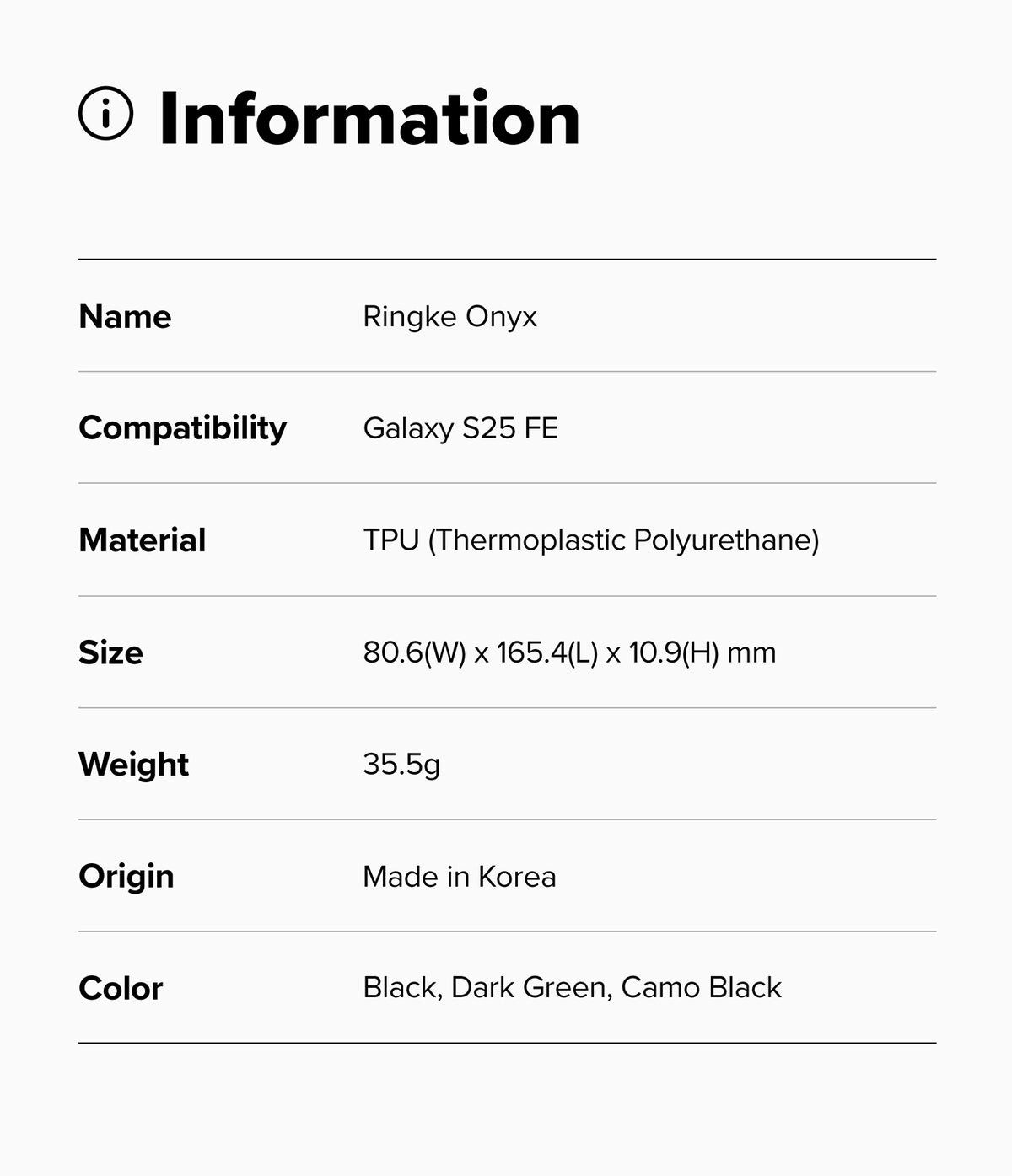 Galaxy S25 FE Case | Onyx - Information table listing product name, compatibility, material, size, weight, origin, and colors.