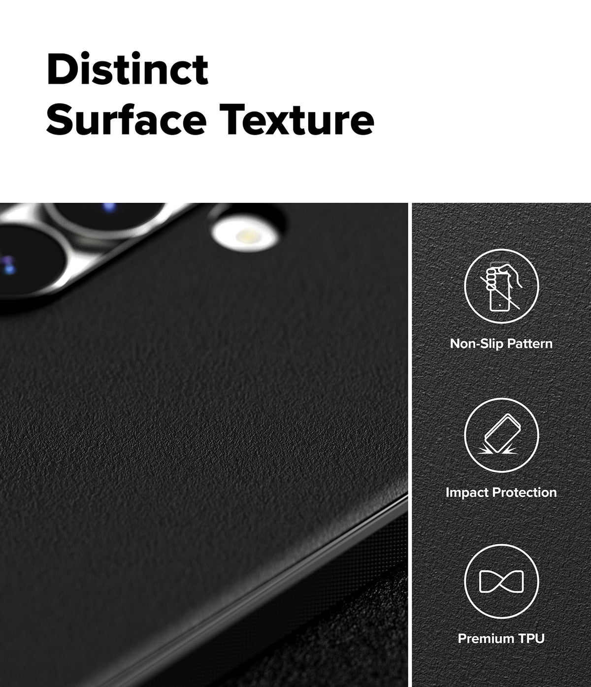 Galaxy S25 FE Case | Onyx - Black textured phone case with icons for non-slip grip, impact protection, and premium TPU.