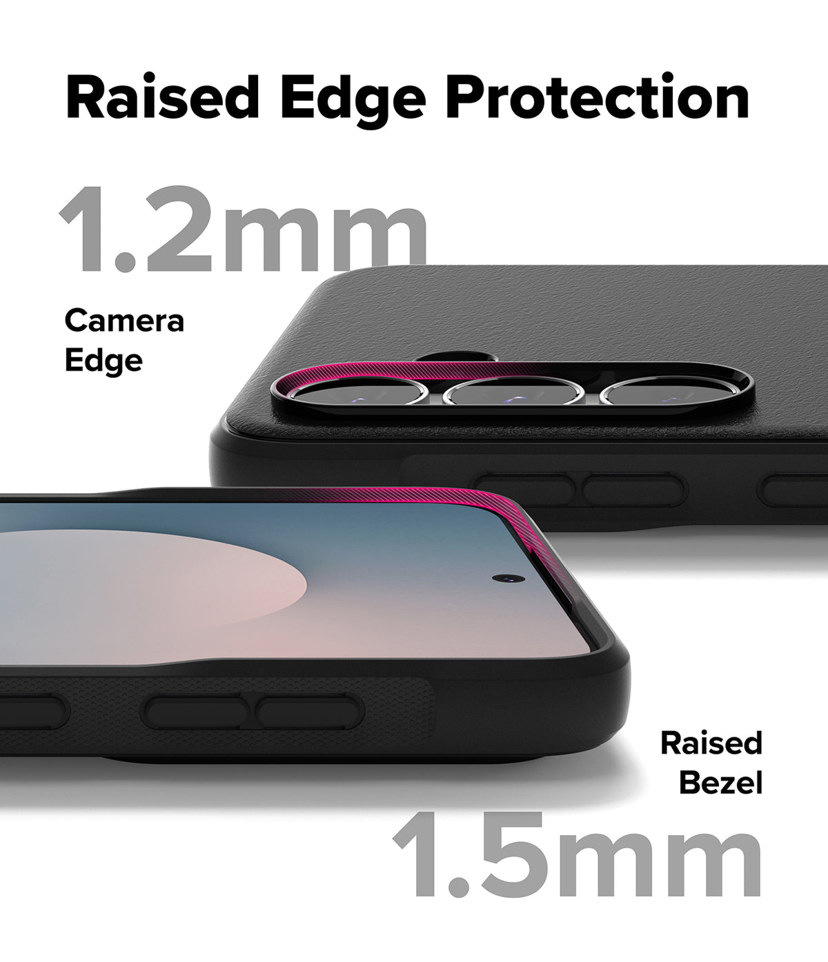 Galaxy S25 FE Case | Onyx - Close-up of black phone case showing 1.2mm camera edge and 1.5mm screen bezel protection.