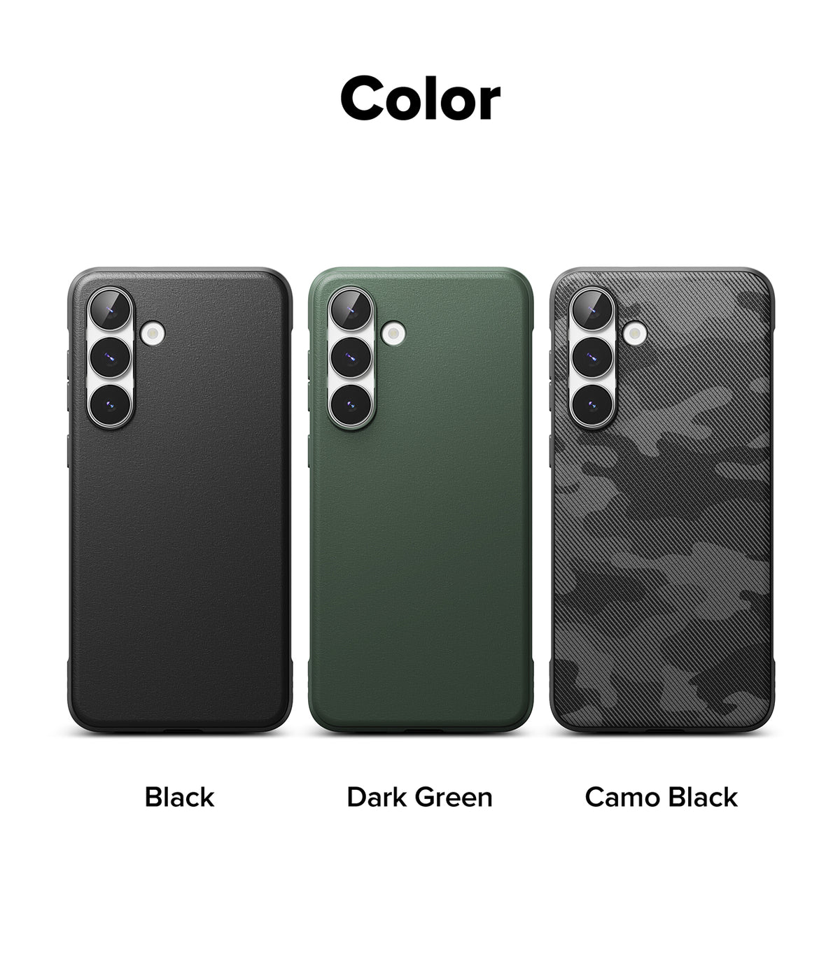Galaxy S25 FE Case | Onyx - Three Galaxy S25 FE phone cases in black, dark green, and camo black arranged side-by-side.