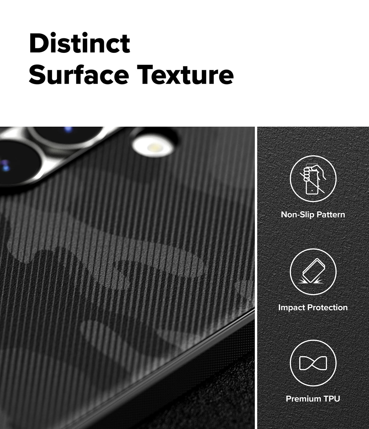 Galaxy S25 FE Case | Onyx - Close-up of black camo-textured phone case with icons for non-slip, impact protection, and TPU.