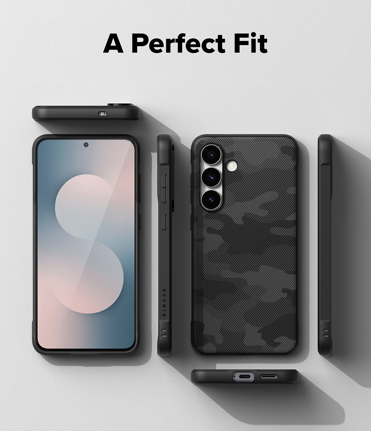 Galaxy S25 FE Case | Onyx - Multiple views of a black camouflage phone case showing front, back, and side profiles.
