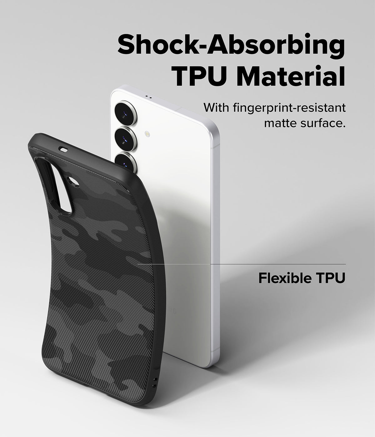 Galaxy S25 FE Case | Onyx - A flexible, black camouflage TPU phone case held next to a white Galaxy S25 FE smartphone.