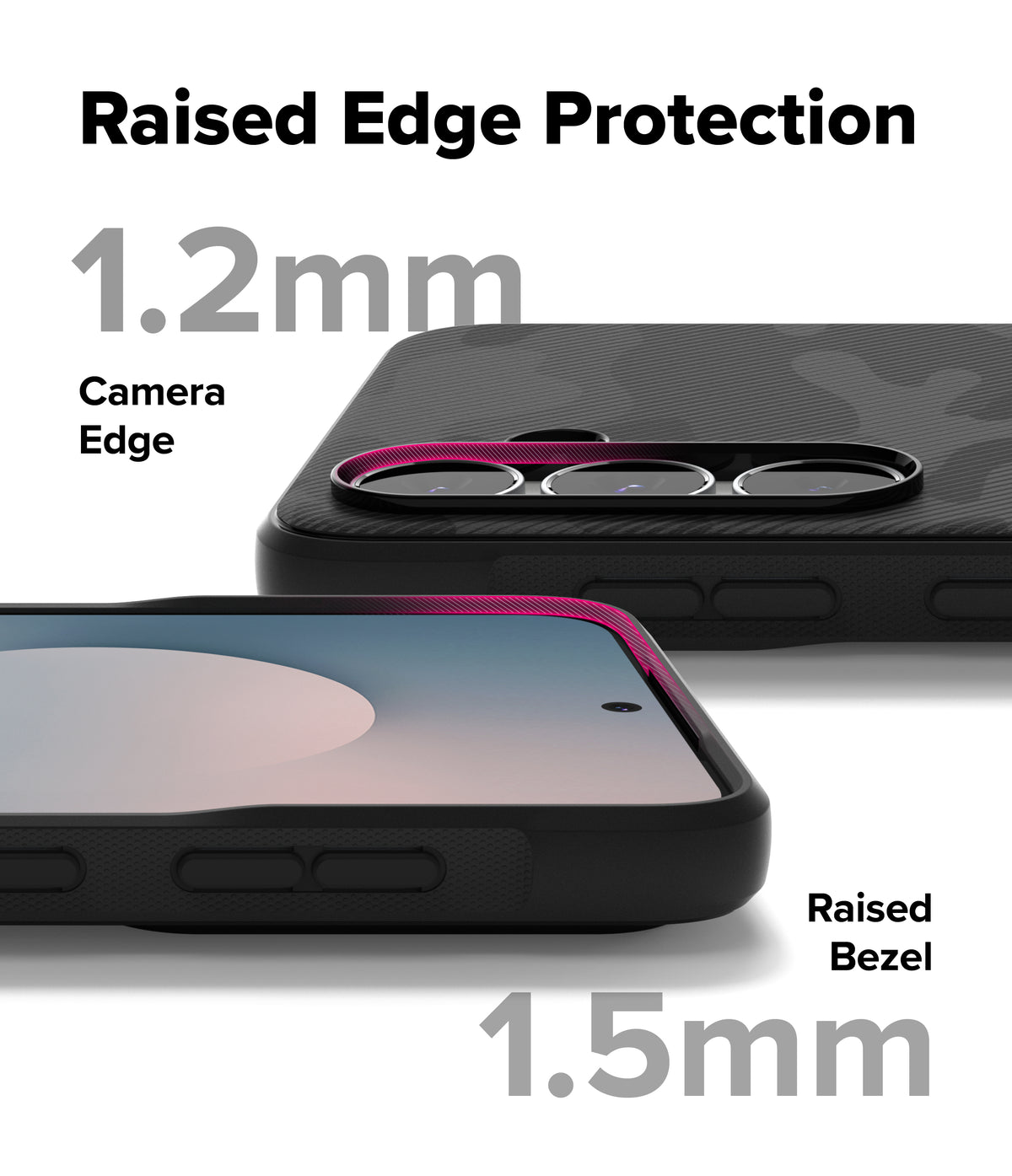 Galaxy S25 FE Case | Onyx - Close-up of phone case showing 1.2mm raised camera edge and 1.5mm raised screen bezel protection.