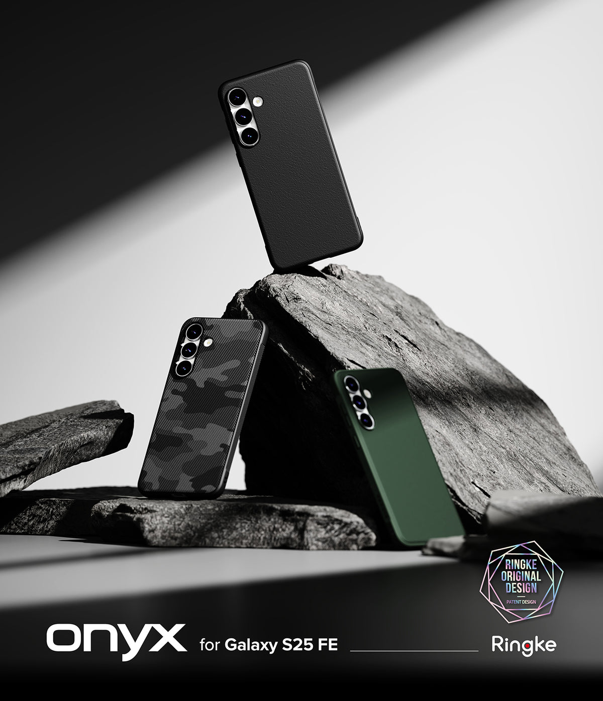 Galaxy S25 FE Case | Onyx - Three Galaxy S25 FE phones in black, camo, and green cases displayed on jagged dark rocks.