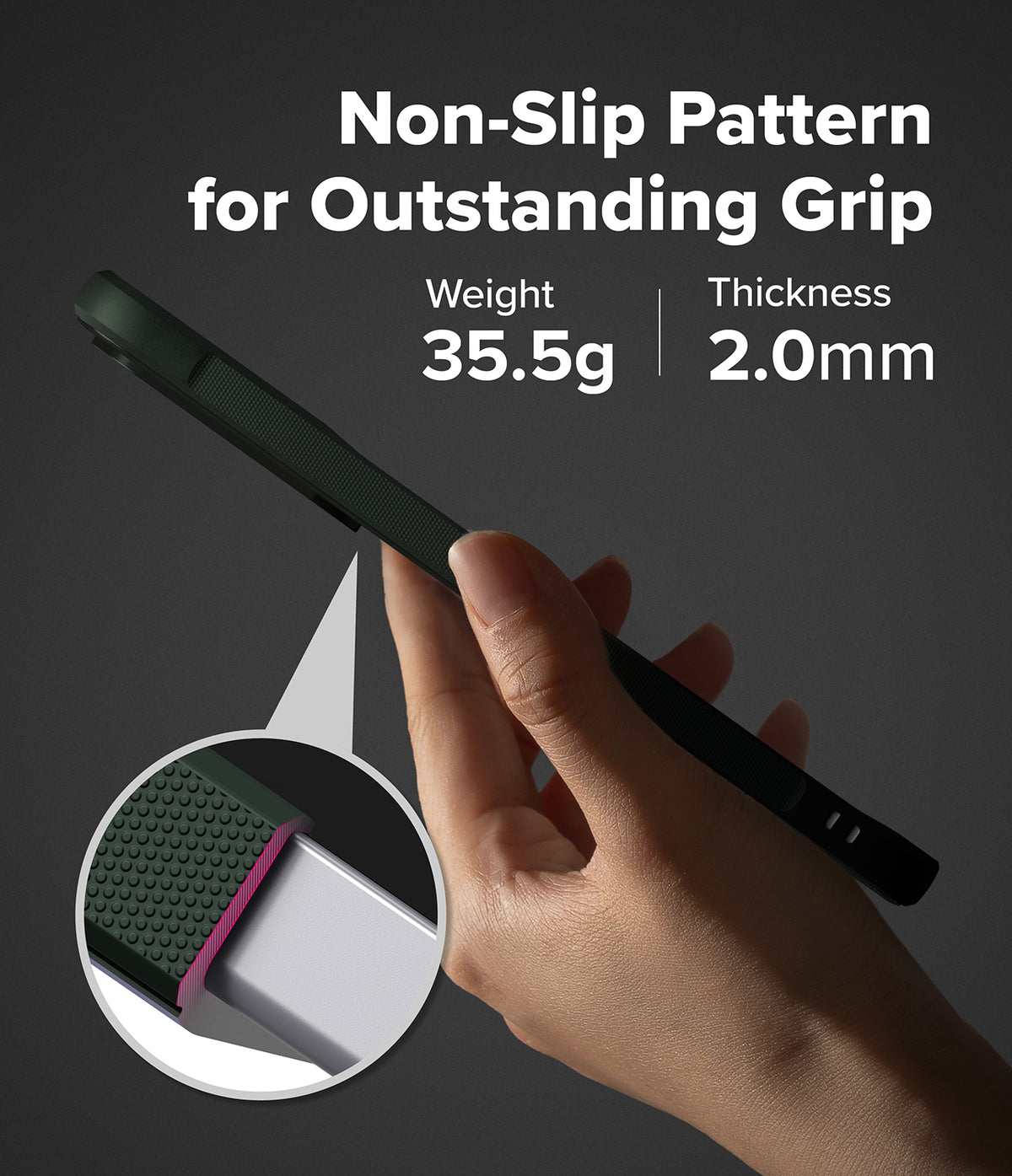 Galaxy S25 FE Case | Onyx - Hand holding phone case showing non-slip side texture, 35.5g weight, and 2.0mm thickness.