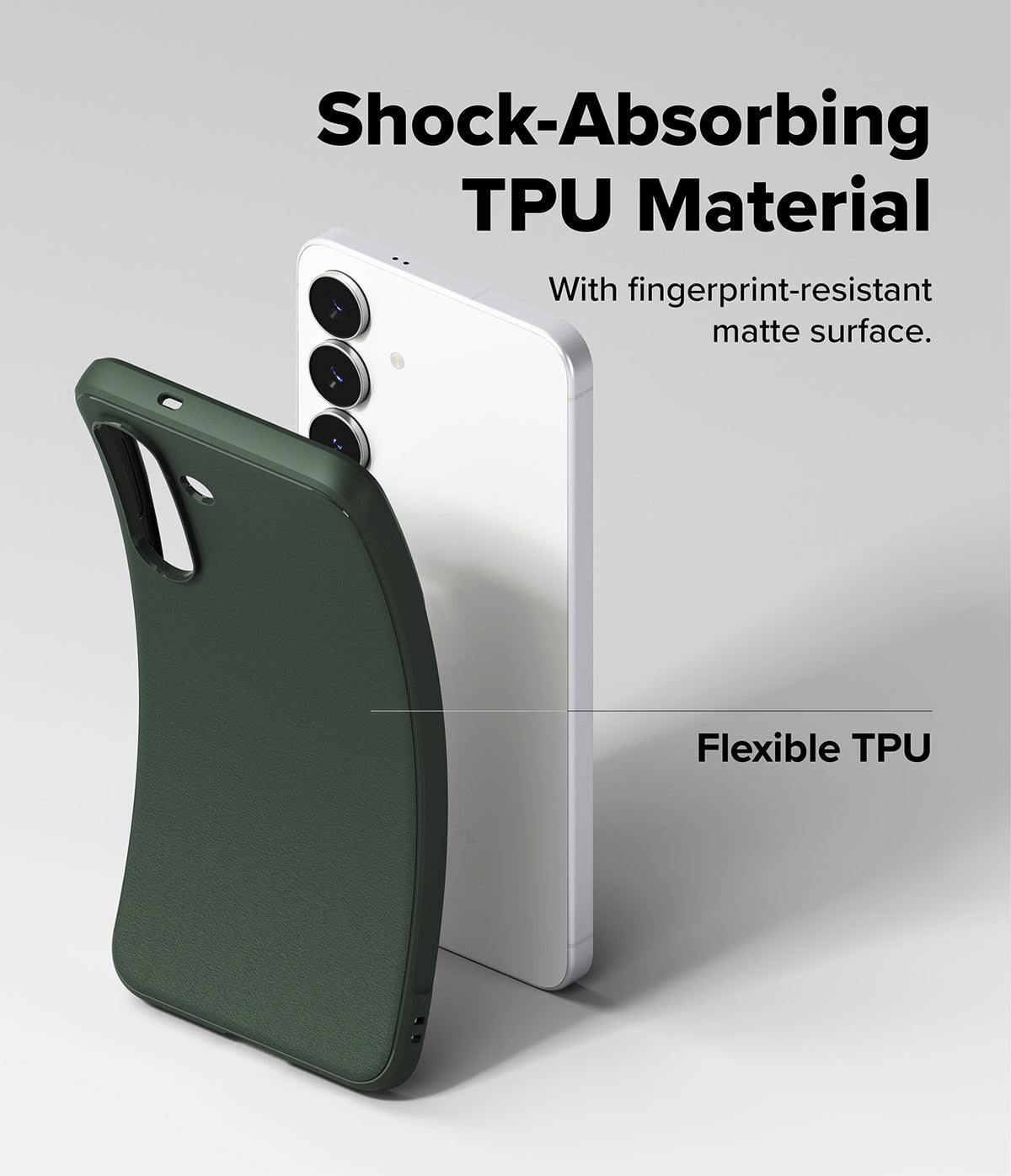 Galaxy S25 FE Case | Onyx - Flexible dark green TPU phone case shown next to a white smartphone with matte finish.