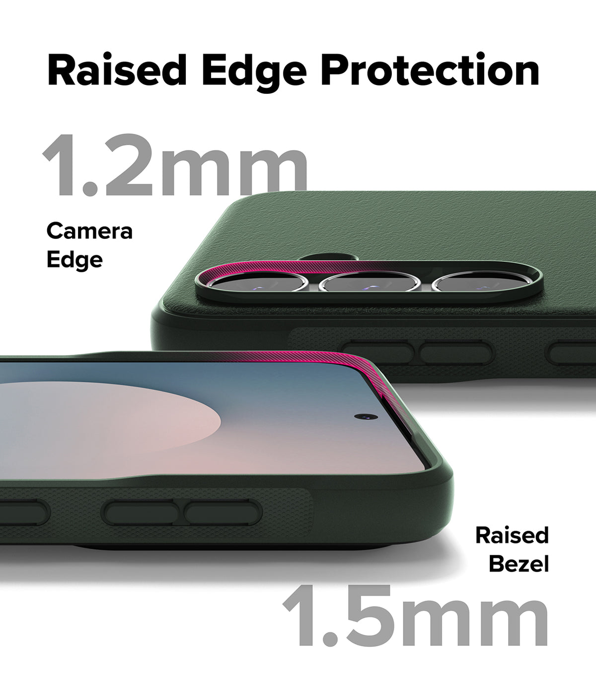 Galaxy S25 FE Case | Onyx - Dark green phone case showing 1.2mm camera edge and 1.5mm screen bezel protection.