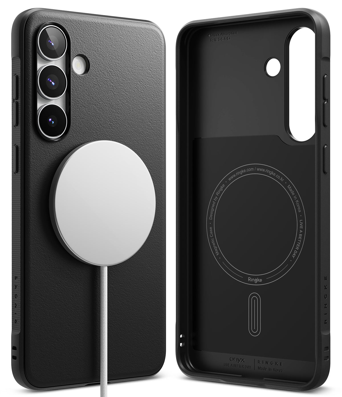 Galaxy S25 FE Case | Onyx Magnetic - Black matte phone case with magnetic ring, shown from back and interior views.