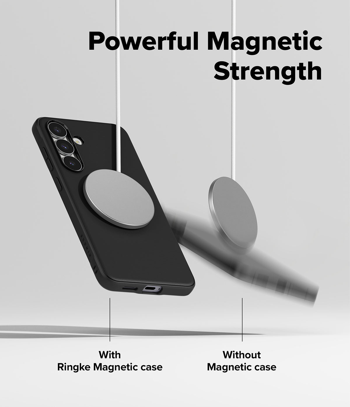 Galaxy S25 FE Case | Onyx Magnetic - A black phone case held by a magnet versus a phone falling without a magnetic case.