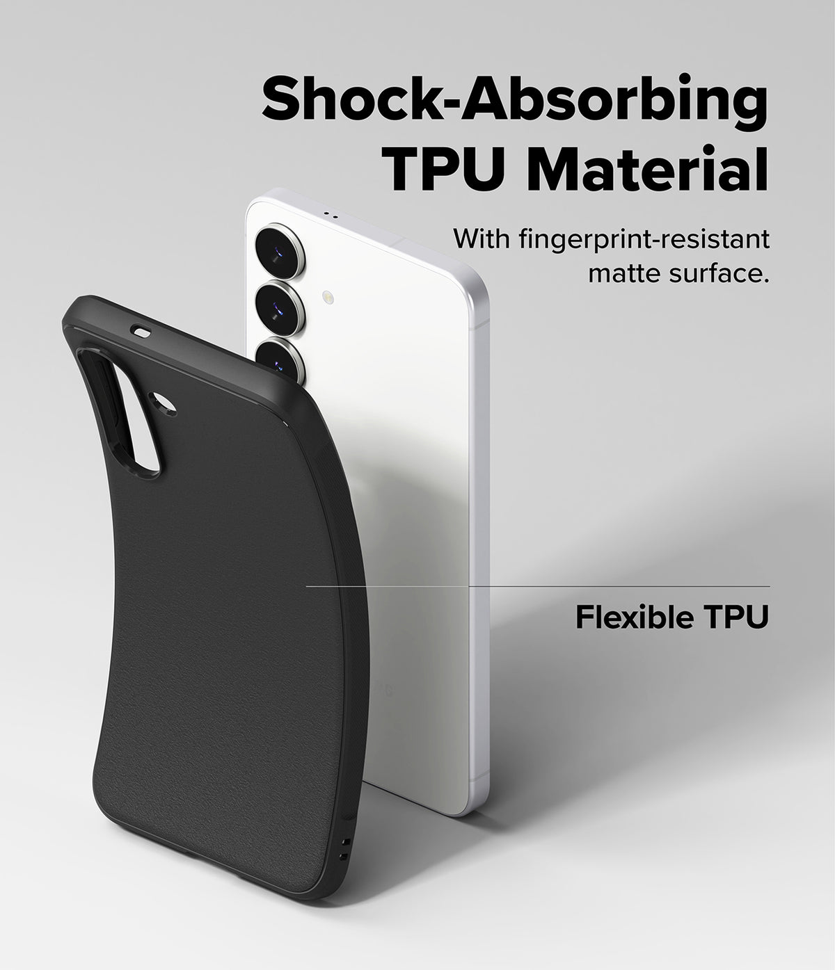 Galaxy S25 FE Case | Onyx Magnetic - A flexible black TPU phone case being placed onto a white Galaxy S25 FE smartphone.