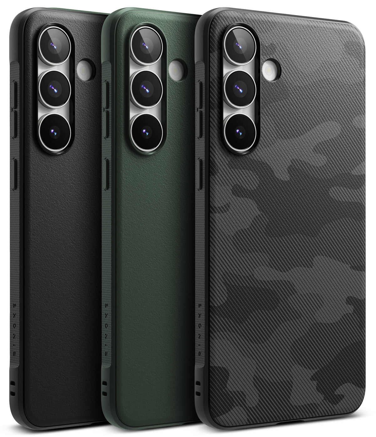 Galaxy S25 FE Case | Onyx - Three Galaxy S25 FE cases in black, green, and black camo textures with triple camera cutouts.