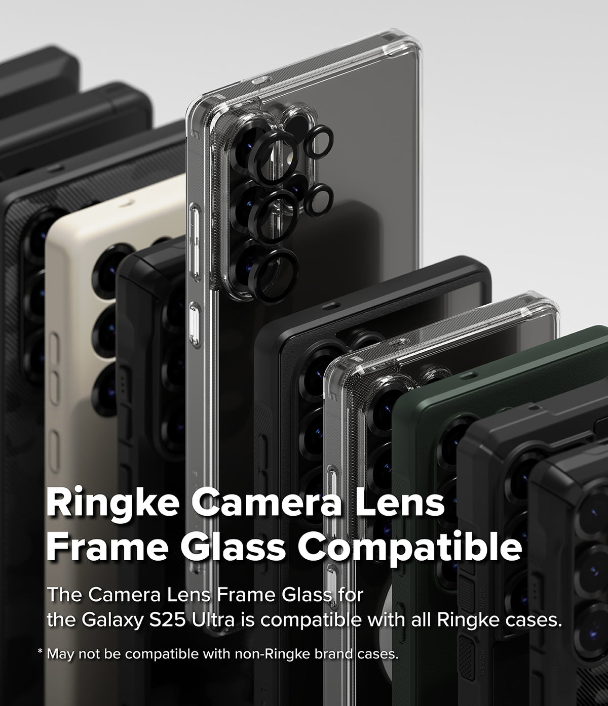Galaxy S25 Ultra | Camera Lens Frame Glass - Galaxy S25 Ultra | Camera lens frame glass protectors installed on a smartphone, shown with various Ringke phone cases.