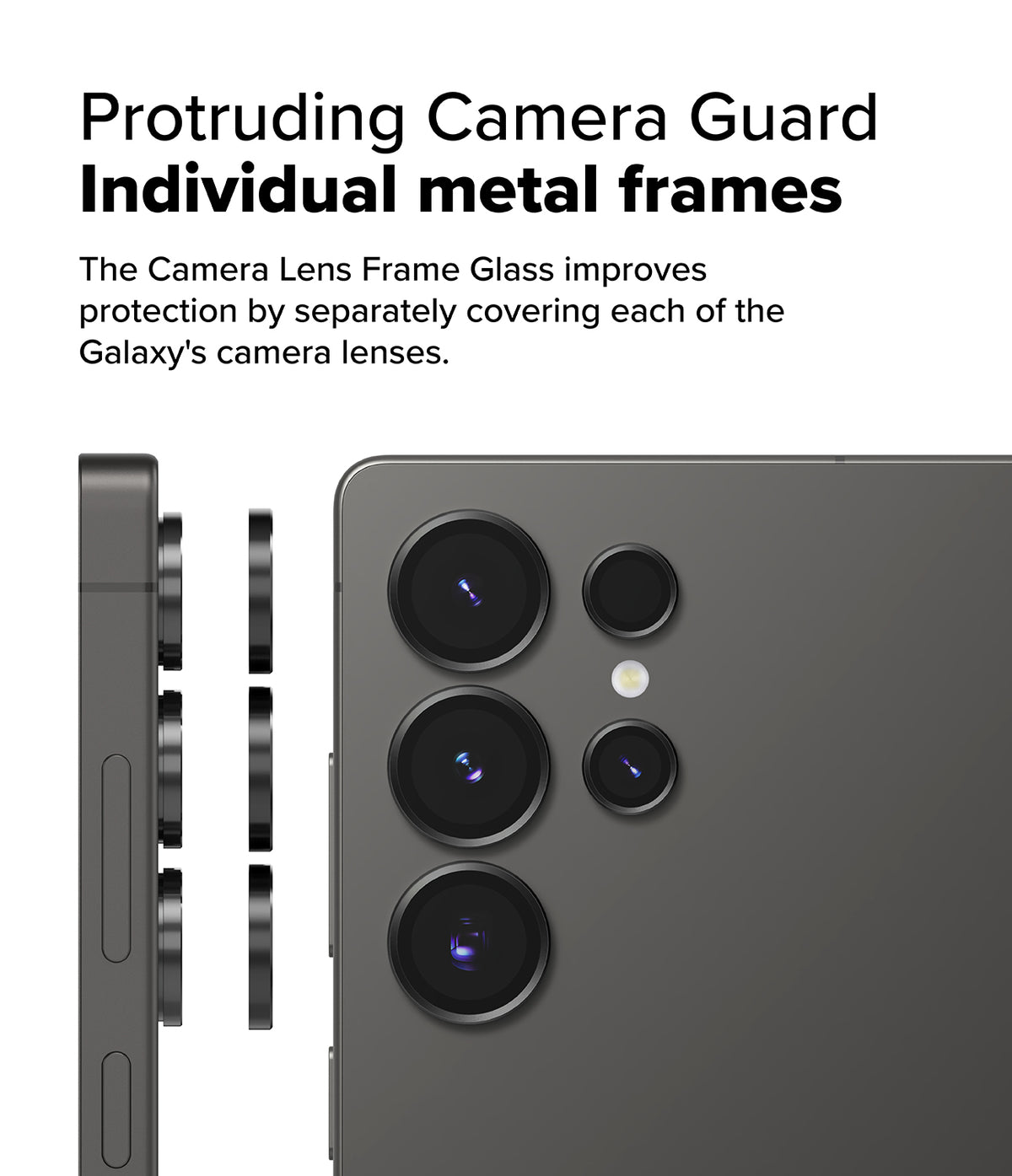 Galaxy S25 Ultra | Camera Lens Frame Glass - Individual metal lens covers shown floating beside a smartphone camera.