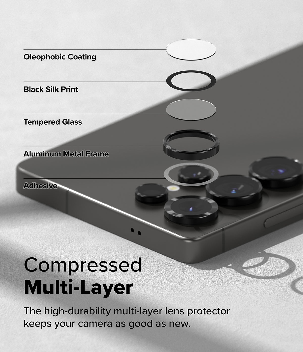 Galaxy S25 Ultra | Camera Lens Frame Glass - Exploded view of multi-layer lens protector components on a smartphone.