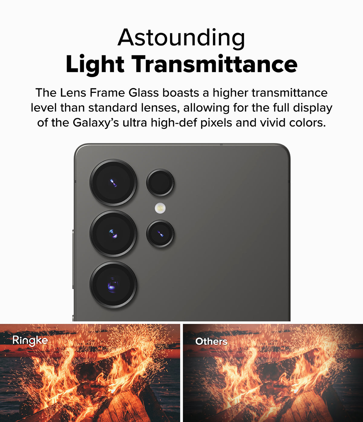 Galaxy S25 Ultra | Camera Lens Frame Glass - Comparison showing clearer, brighter fire imagery with Ringke lens glass.