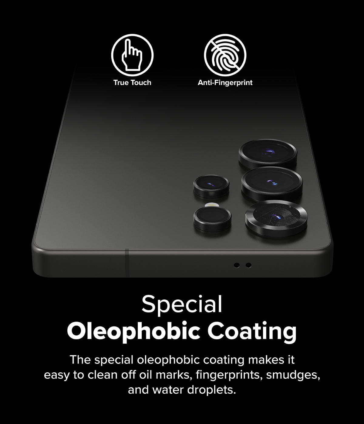 Galaxy S25 Ultra | Camera Lens Frame Glass - Galaxy S25 Ultra - Camera lens protectors on a black phone back with True Touch and Anti-Fingerprint icons.