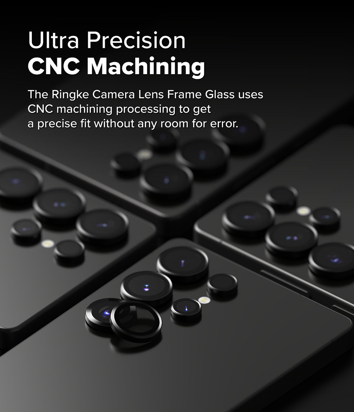 Galaxy S25 Ultra | Camera Lens Frame Glass - Black camera lens protectors being applied to a smartphone camera array.