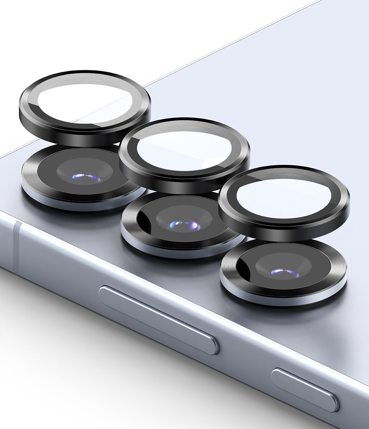 Galaxy S25 | Camera Lens Frame Glass - Three protective glass lens covers hovering above the Galaxy S25 camera array.