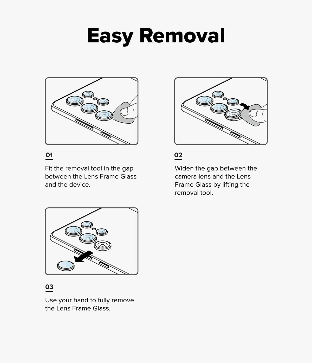 Galaxy S25 | Camera Lens Frame Glass - Three-step diagram showing how to remove lens protectors using a prying tool.