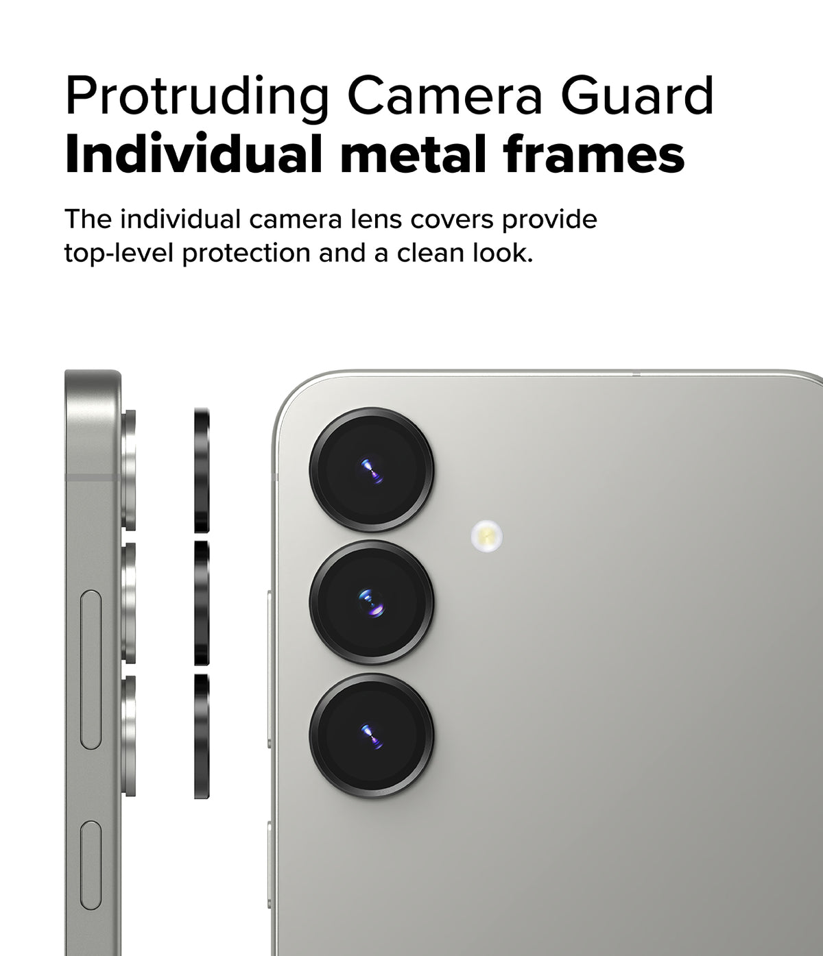 Galaxy S25 | Camera Lens Frame Glass - Individual metal camera lens covers shown aligning with a smartphone's rear camera array.