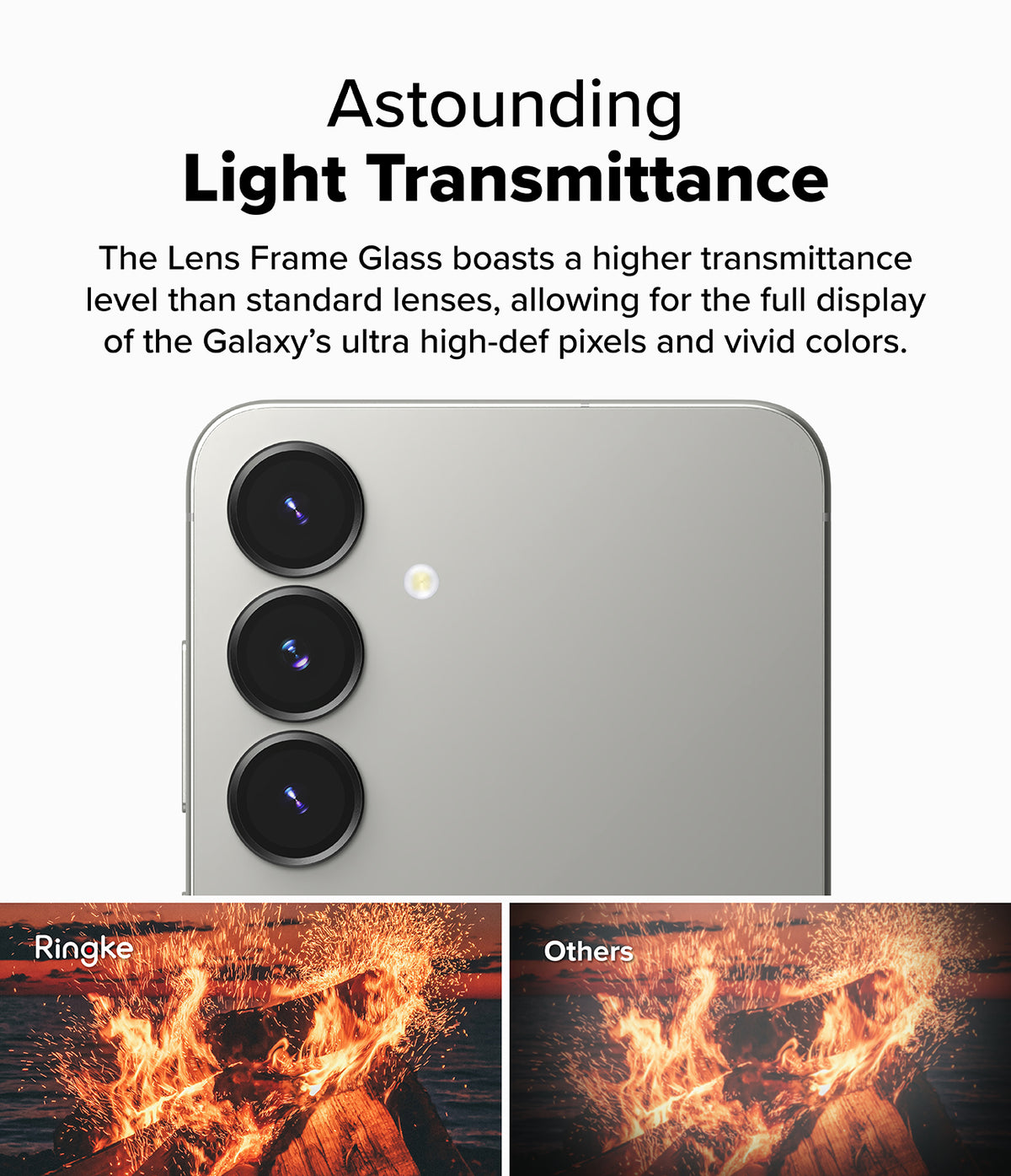 Galaxy S25 | Camera Lens Frame Glass - Comparison showing clearer fire imagery through Ringke lens glass versus others.