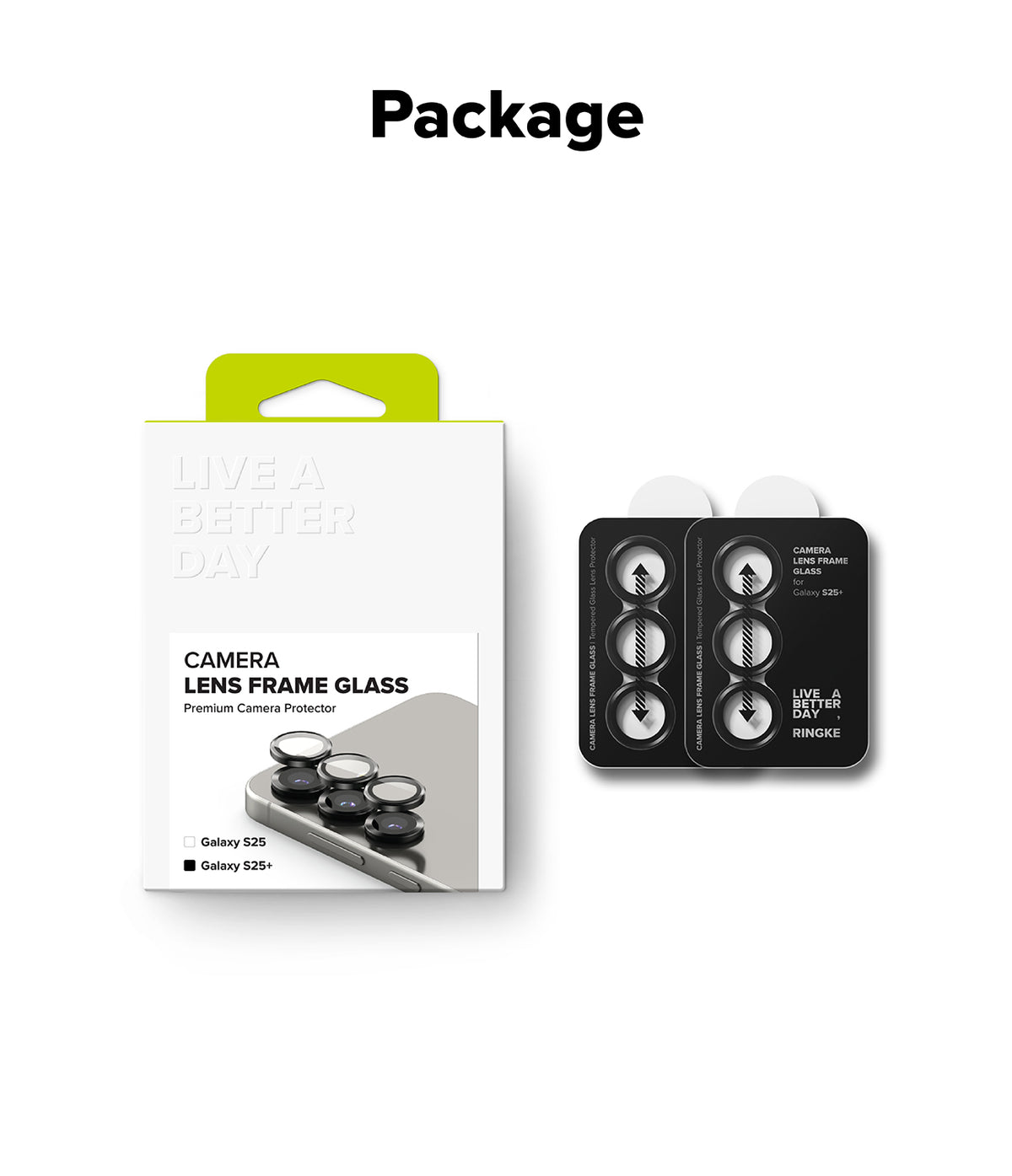 Galaxy S25 Plus | Camera Lens Frame Glass - Retail packaging and two black camera lens protectors for Galaxy S25 Plus.