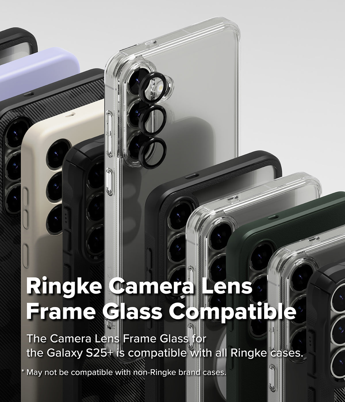 Galaxy S25 Plus | Camera Lens Frame Glass - Galaxy S25 Plus | Multiple Galaxy S25+ phones in various Ringke cases showing black camera lens frame glass protectors.