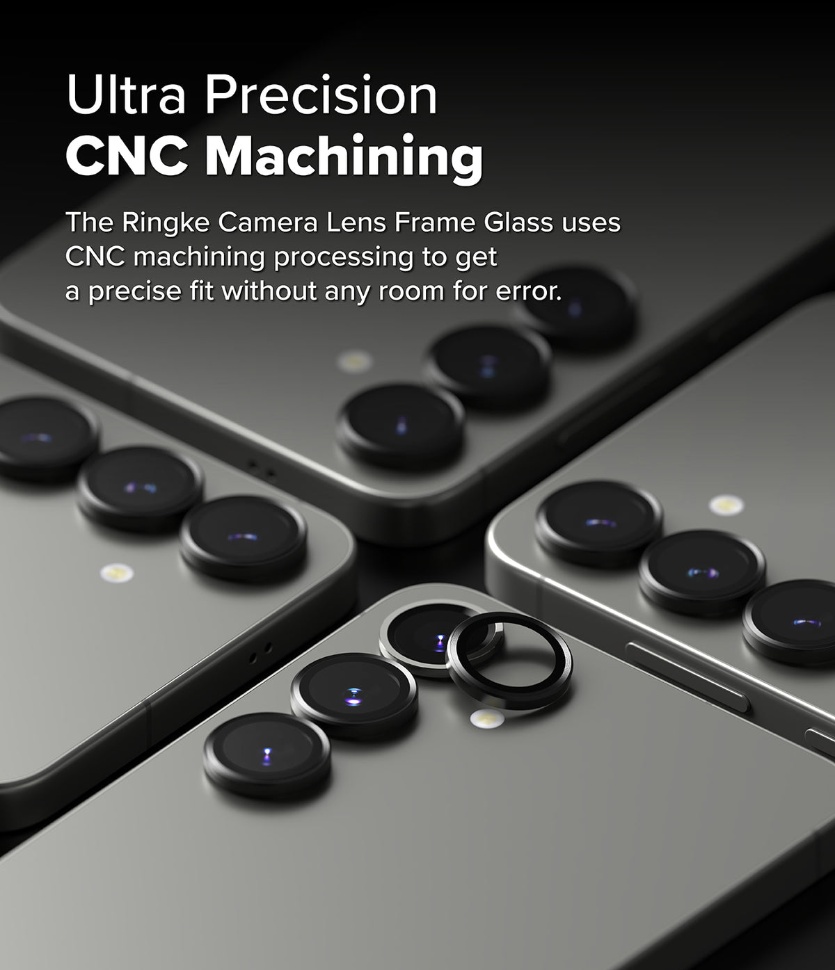 Galaxy S25 Plus | Camera Lens Frame Glass - Close-up of black camera lens protectors being applied to smartphone lenses.