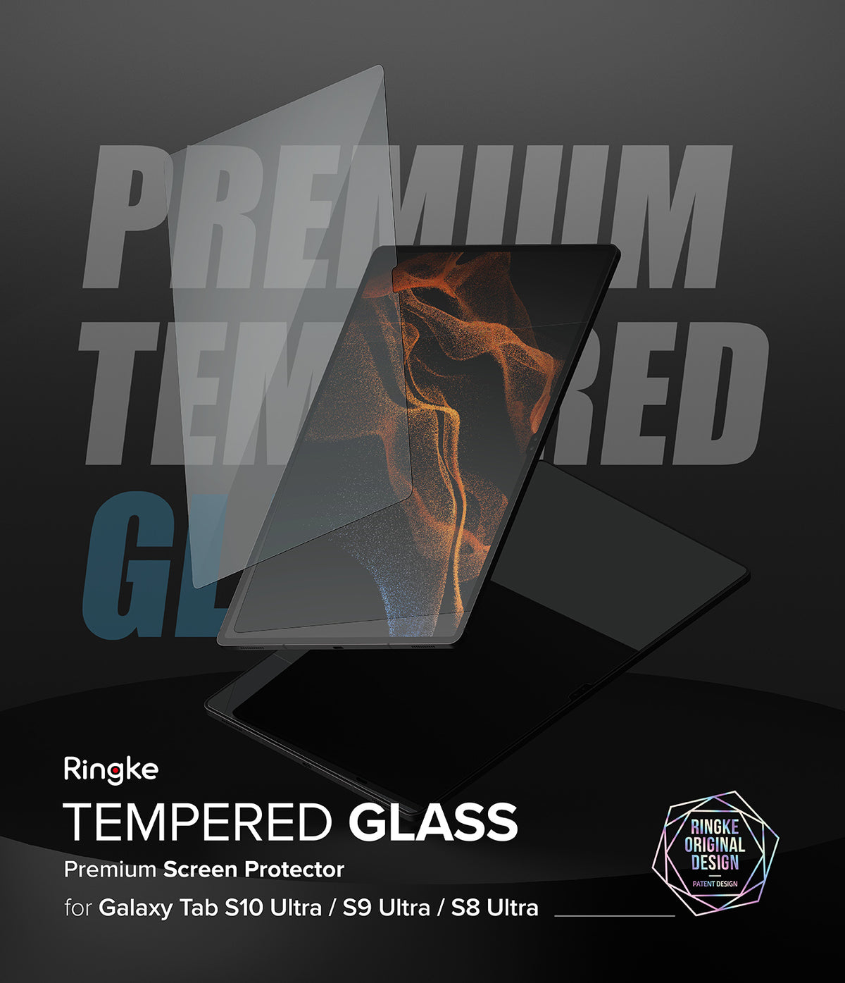 Galaxy Tab S10 Ultra / Tab S9 Ultra / Tab S8 Ultra Screen Protector | Tempered Glass - Galaxy Tab S10 Ultra / Tab S9 Ultra / S8 Ultra Screen Protector - Tempered glass sheet hovering over a tablet screen.