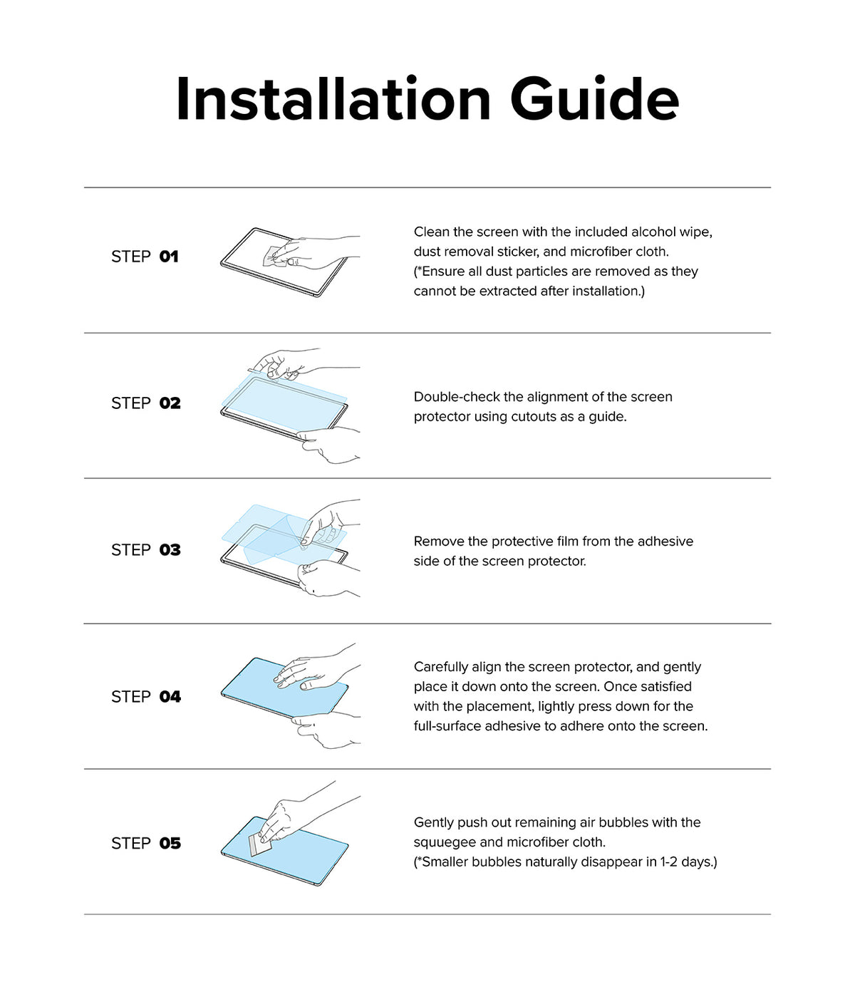 Galaxy Tab S10 Ultra / Tab S9 Ultra / Tab S8 Ultra Screen Protector | Tempered Glass - Five-step installation guide.