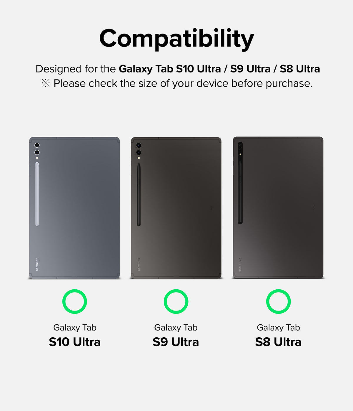 Galaxy Tab S10 Ultra / Tab S9 Ultra / Tab S8 Ultra Screen Protector | Tempered Glass - Galaxy Tab S10 Ultra / Tab S9 Ultra / Tab S8 Ultra Screen Protector - Compatibility chart for three Samsung tablets.