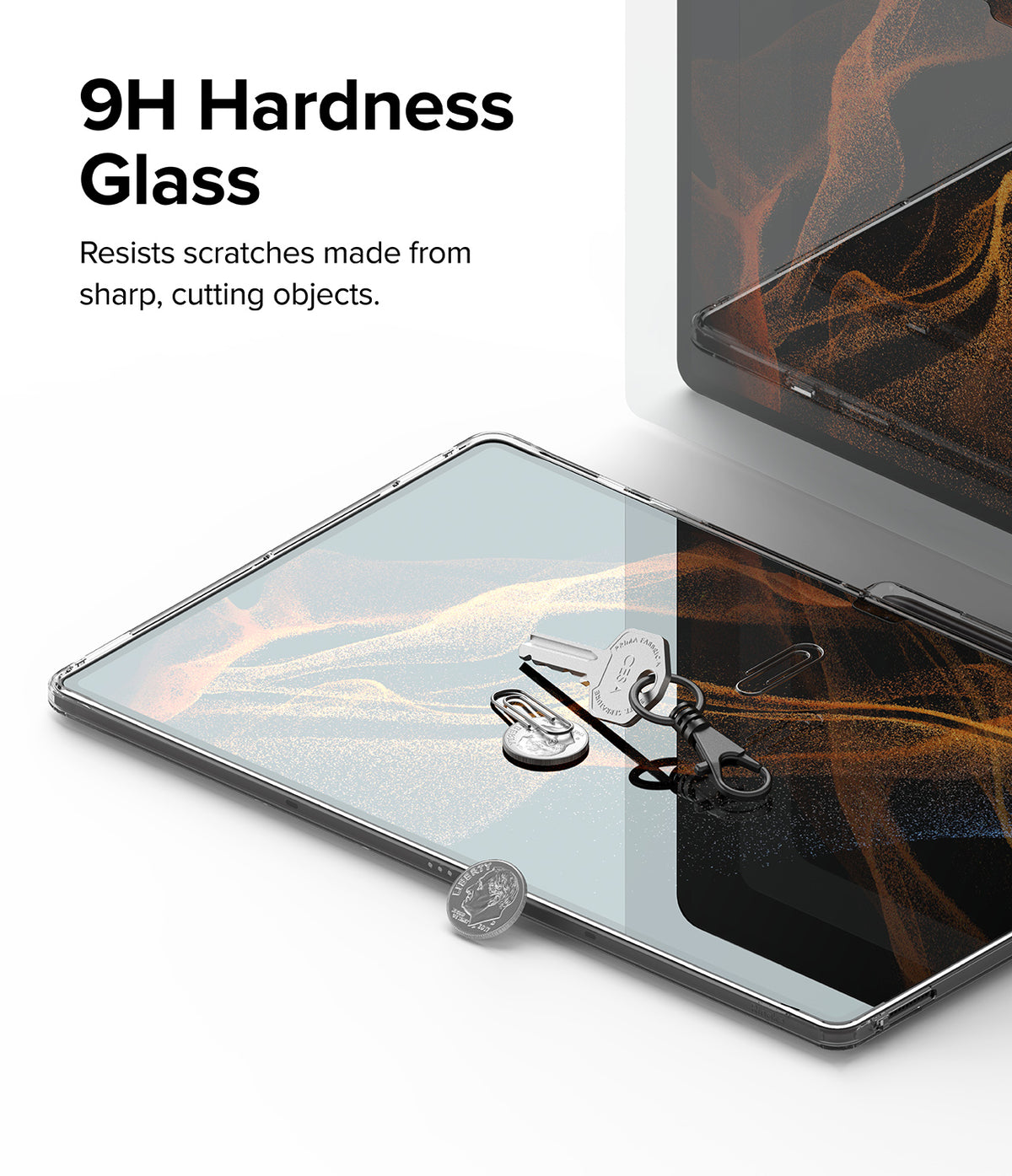Galaxy Tab S10 Ultra / Tab S9 Ultra / Tab S8 Ultra Screen Protector | Tempered Glass - Galaxy Tab S10 Ultra / Tab S9 Ultra / Tab S8 Ultra Screen Protector - Tablet with keys and coins on 9H tempered glass.
