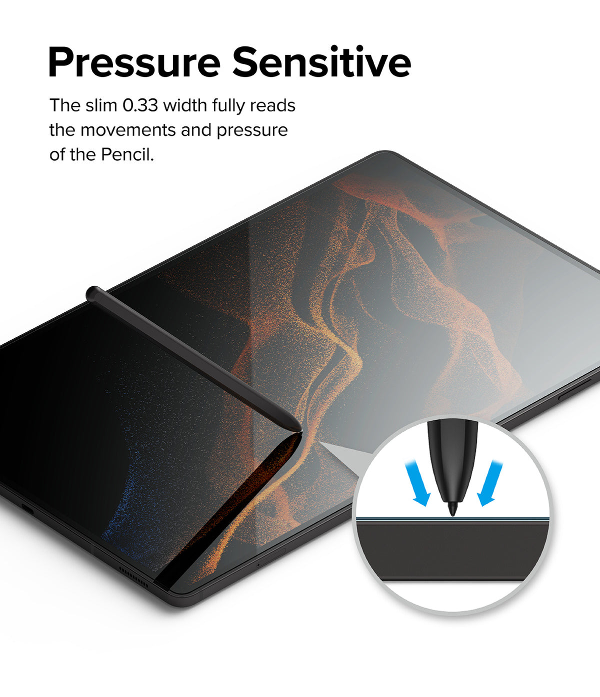 Galaxy Tab S10 Ultra / Tab S9 Ultra / Tab S8 Ultra Screen Protector | Tempered Glass - Galaxy Tab S10 Ultra / Tab S9 Ultra / Tab S8 Ultra Screen Protector - Stylus pressing on tablet screen with zoom inset.