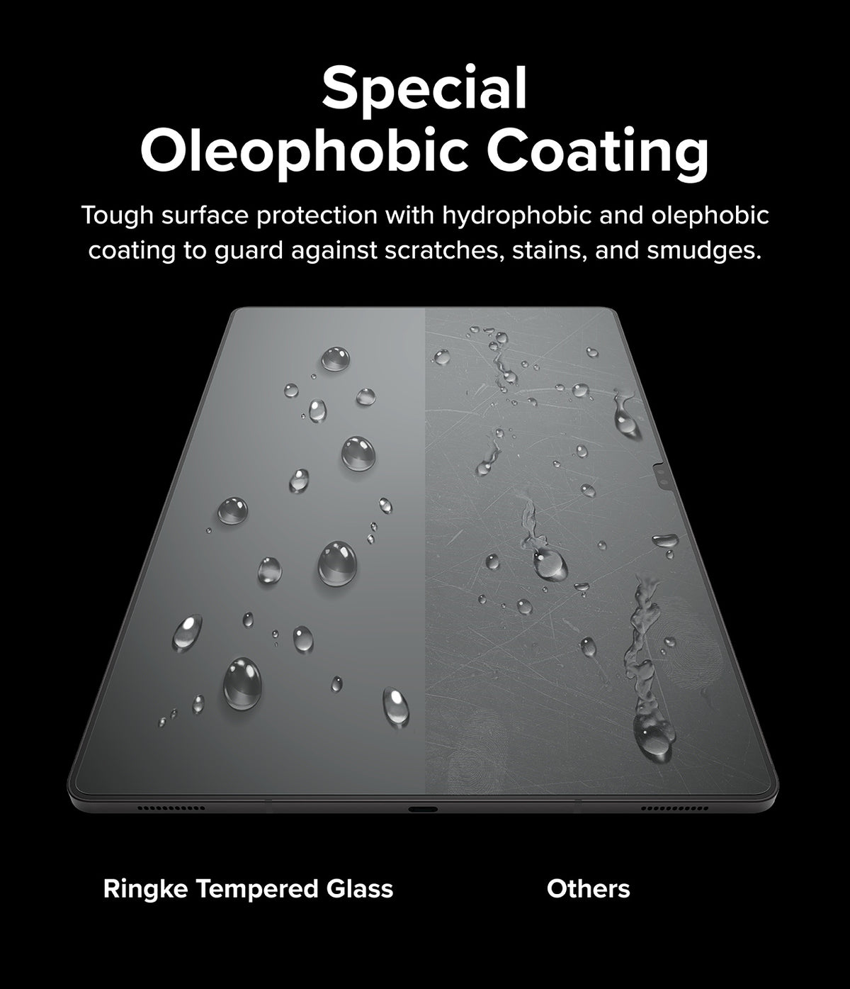 Galaxy Tab S10 Ultra / Tab S9 Ultra / Tab S8 Ultra Screen Protector | Tempered Glass - Galaxy Tab S10 Ultra / Tab S9 Ultra / Tab S8 Ultra Screen Protector - Comparison of water beading on screen protector.