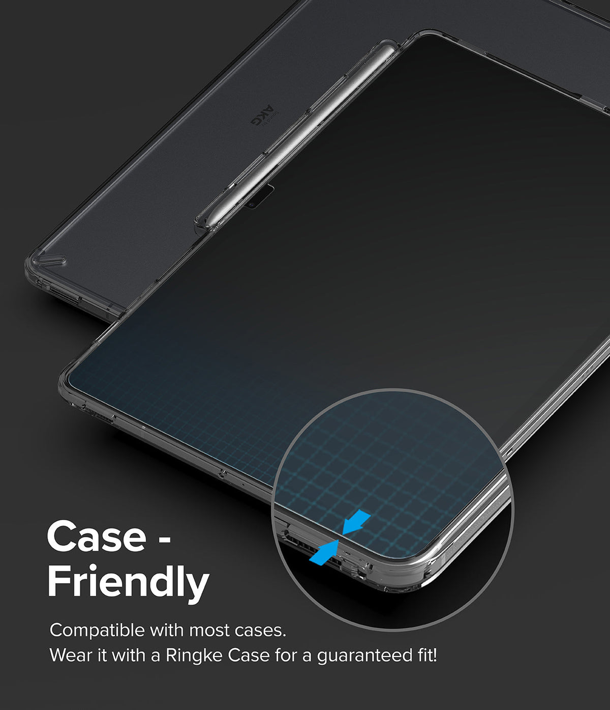 Galaxy Tab S10 Plus / Tab S9 Plus / Tab S8 Plus / Tab S7 Plus / Tab S7 FE | Invisible Defender Glass - Tablet with screen protector and case, showing a zoomed-in view of the case-friendly edge fit.