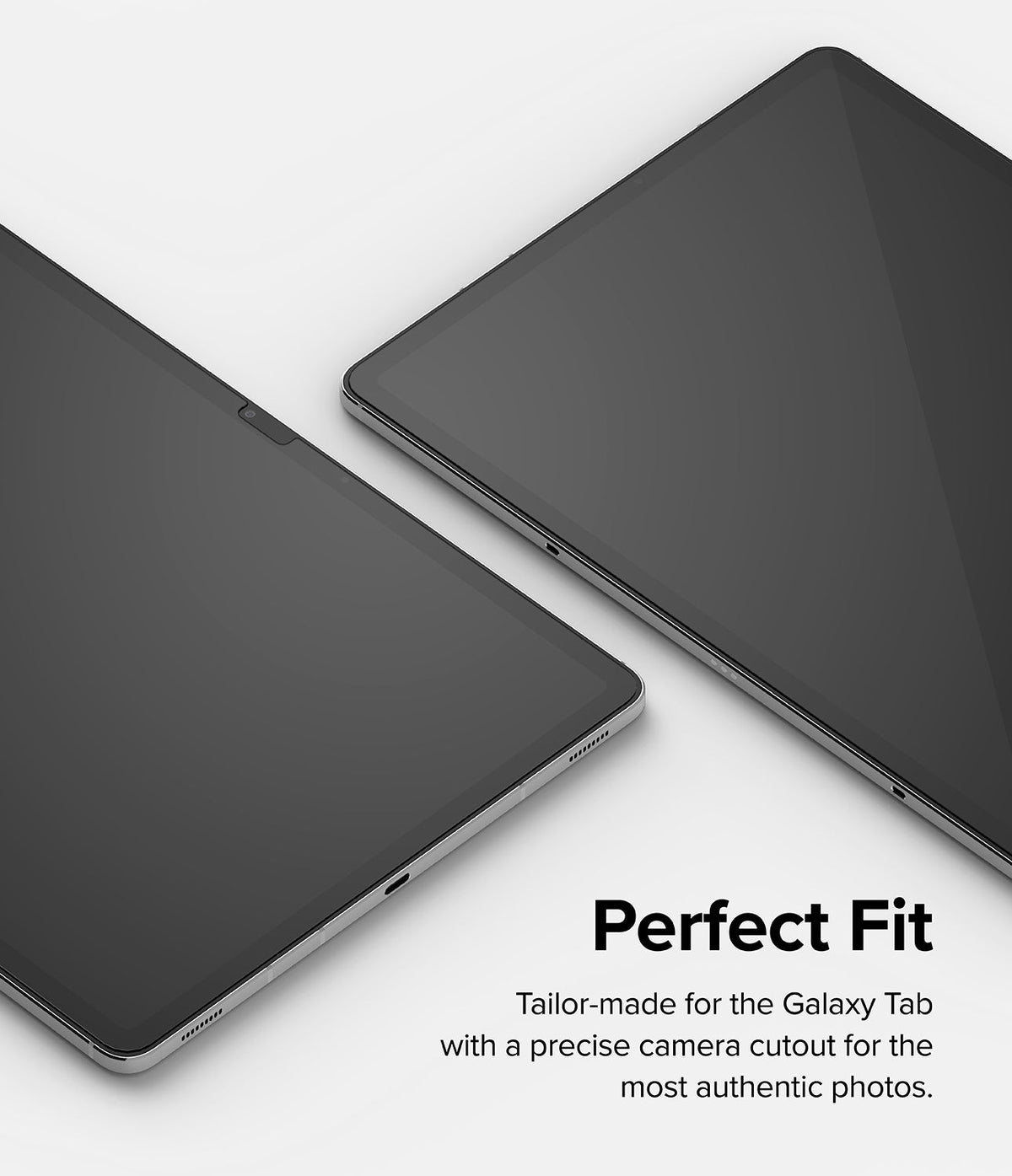 Galaxy Tab S10 Plus / Tab S9 Plus / Tab S8 Plus / Tab S7 Plus / Tab S7 FE | Invisible Defender Glass - Invisible Defender Glass - Two tablets angled to show a screen protector with a precise camera cutout on a white background.
