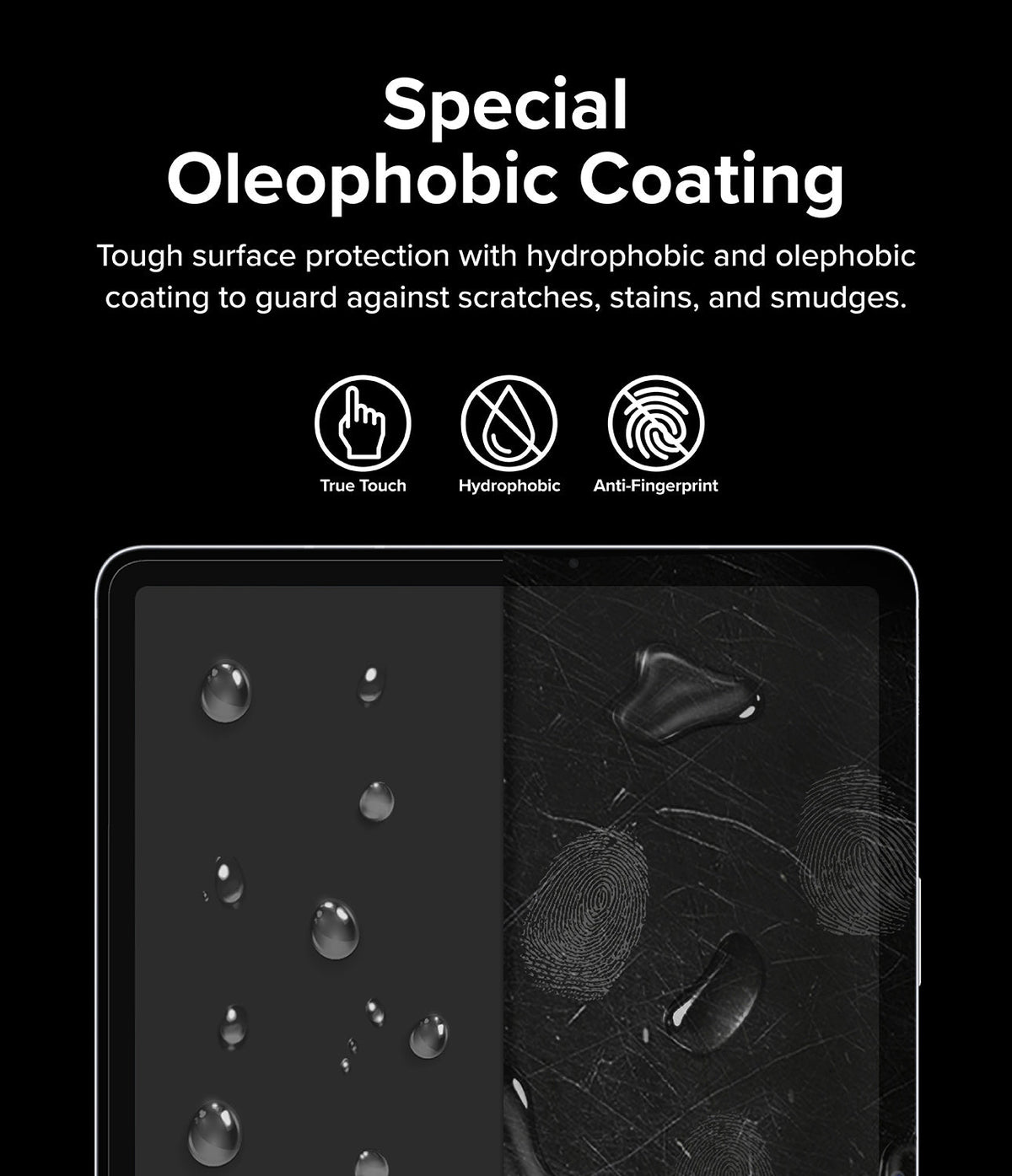 Galaxy Tab S10 Plus / Tab S9 Plus / Tab S8 Plus / Tab S7 Plus / Tab S7 FE | Invisible Defender Glass - Galaxy Tab S10 Plus Invisible Defender Glass - Tablet screen showing water beads on one side and smudges on the other.