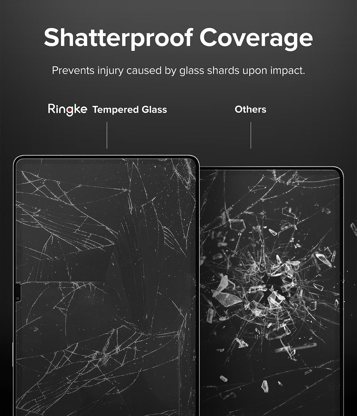 Galaxy Tab S10 Plus / Tab S9 Plus / Tab S8 Plus / Tab S7 Plus / Tab S7 FE | Invisible Defender Glass - Comparison showing Ringke tempered glass staying intact versus shattered glass on others.