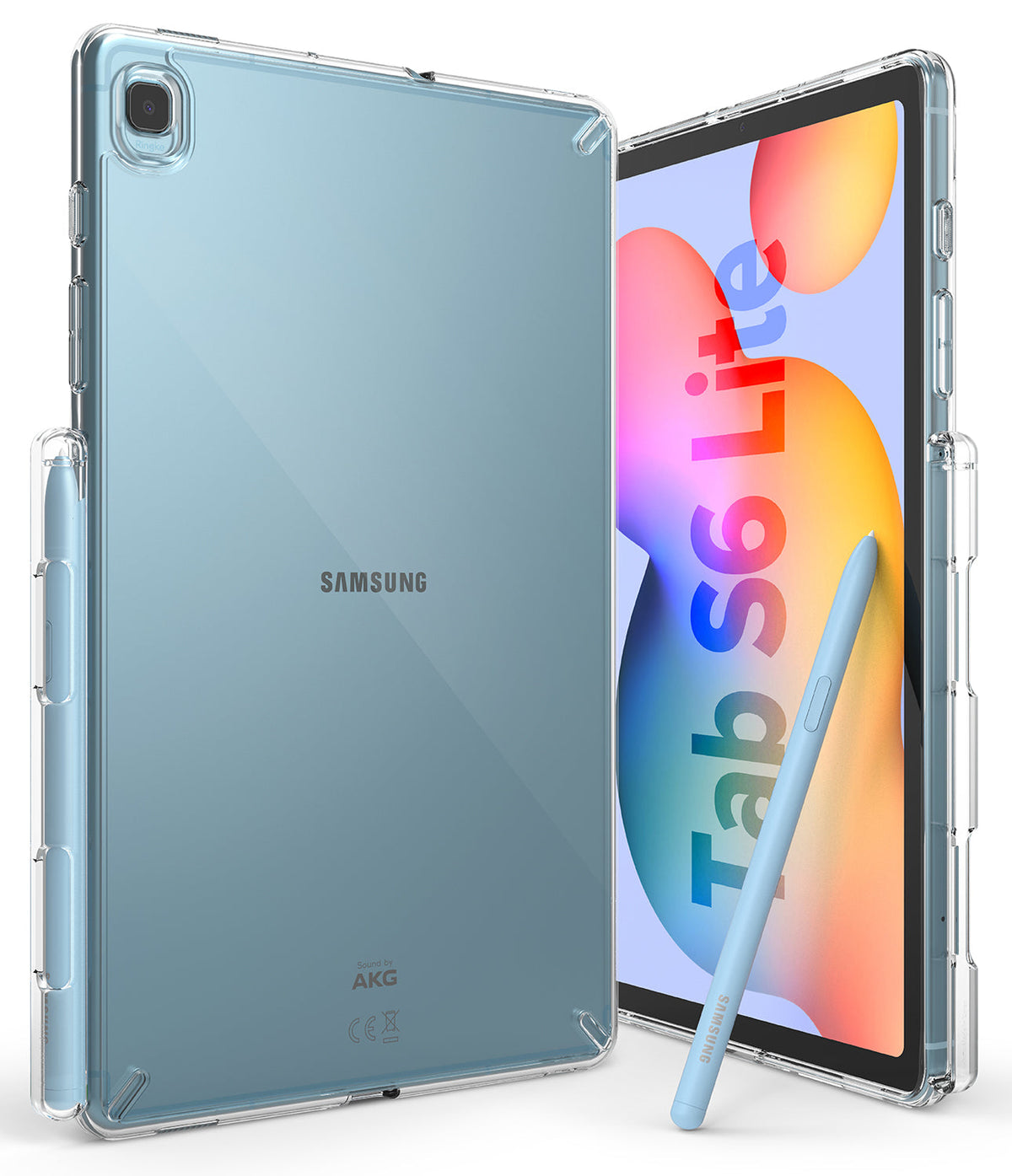 Galaxy Tab S6 Lite Case | Fusion - Clear protective case on a blue tablet with an S Pen holder and stylus.