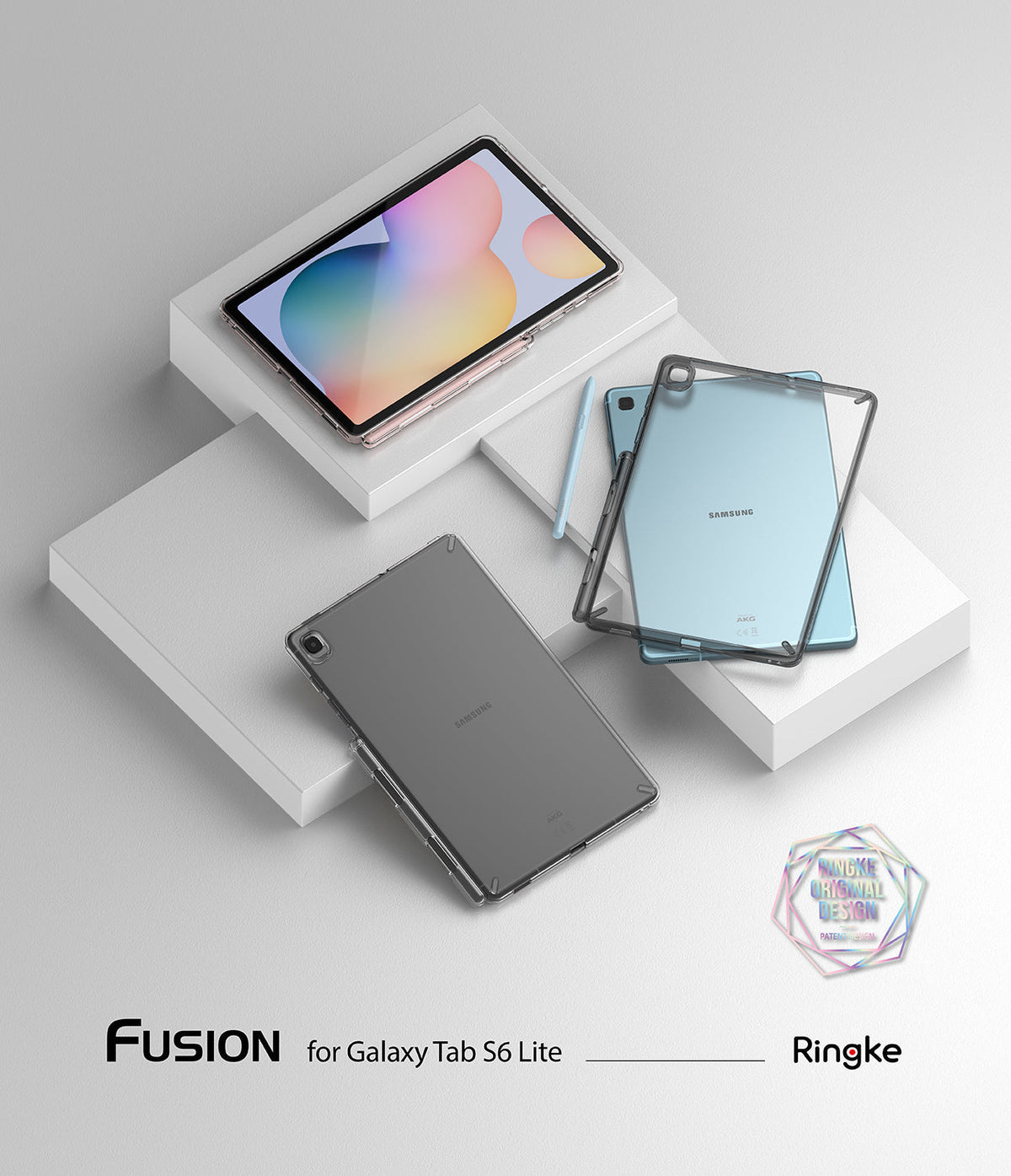 Galaxy Tab S6 Lite Case | Fusion - Clear protective cases displayed with tablets and a stylus on white platforms.