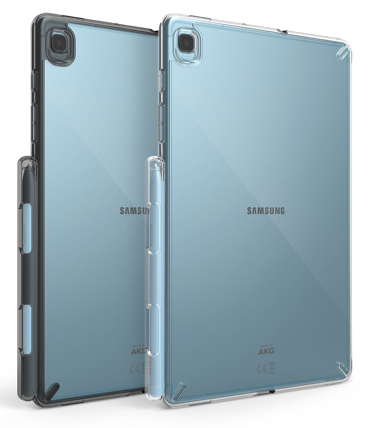 Galaxy Tab S6 Lite Case | Fusion - Two light blue tablets in clear and smoke-black protective cases with S Pen holders.