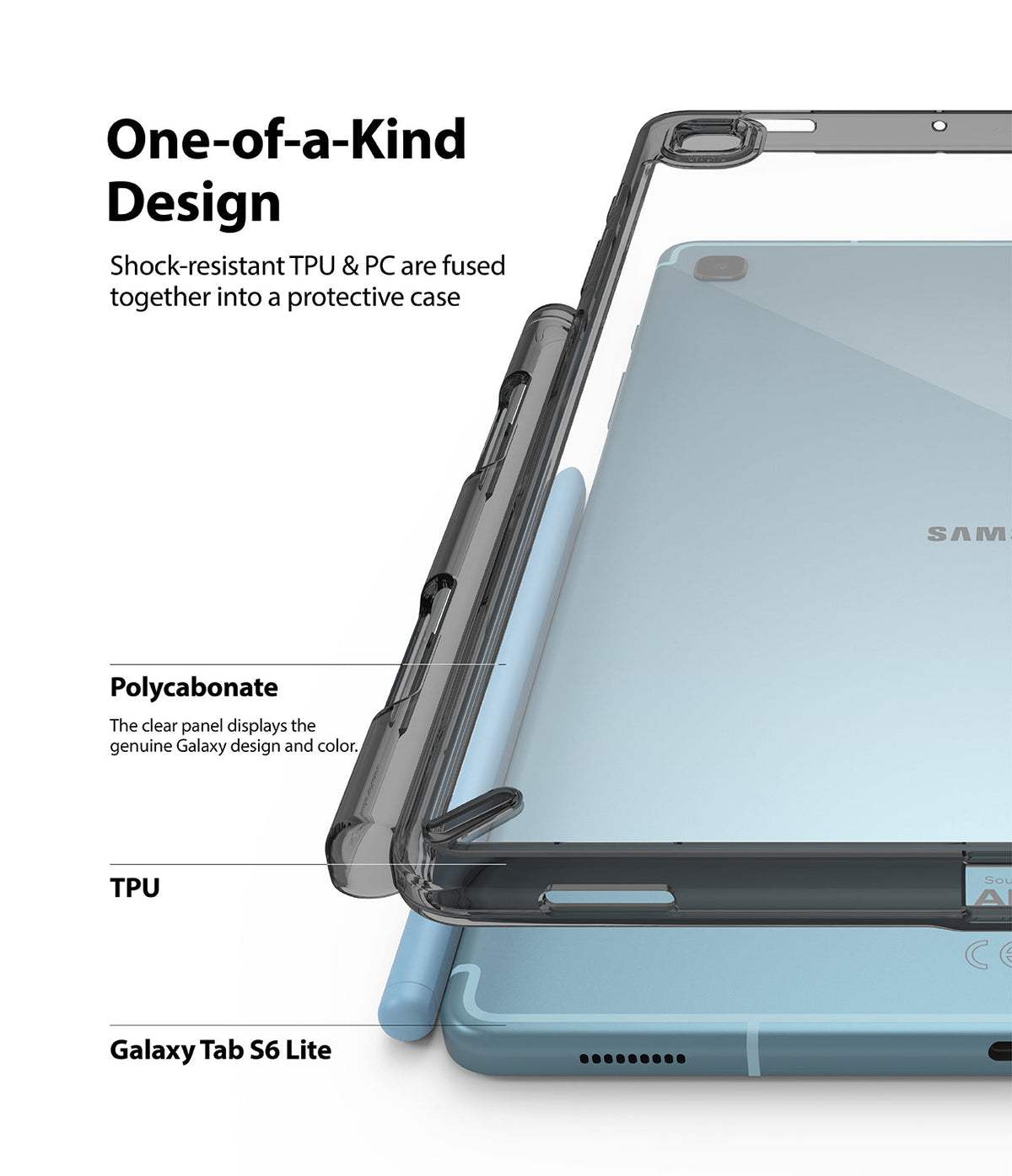 Galaxy Tab S6 Lite Case | Fusion - Exploded view of a clear protective case hovering over a blue Galaxy Tab S6 Lite.
