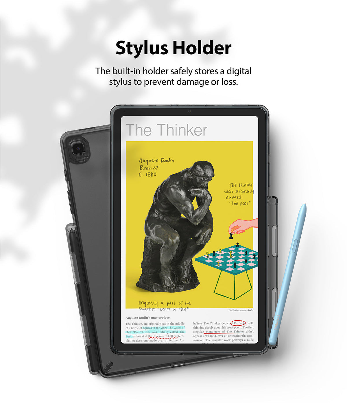 Galaxy Tab S6 Lite Case | Fusion - Tablet in a clear case with a stylus stored in the integrated side holder.