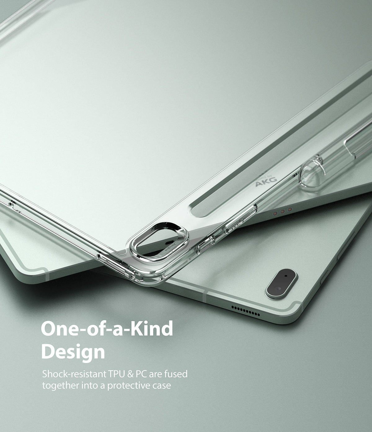 Galaxy Tab S7 FE Case | Fusion - Clear protective case on a light green tablet with a dedicated S Pen storage slot.