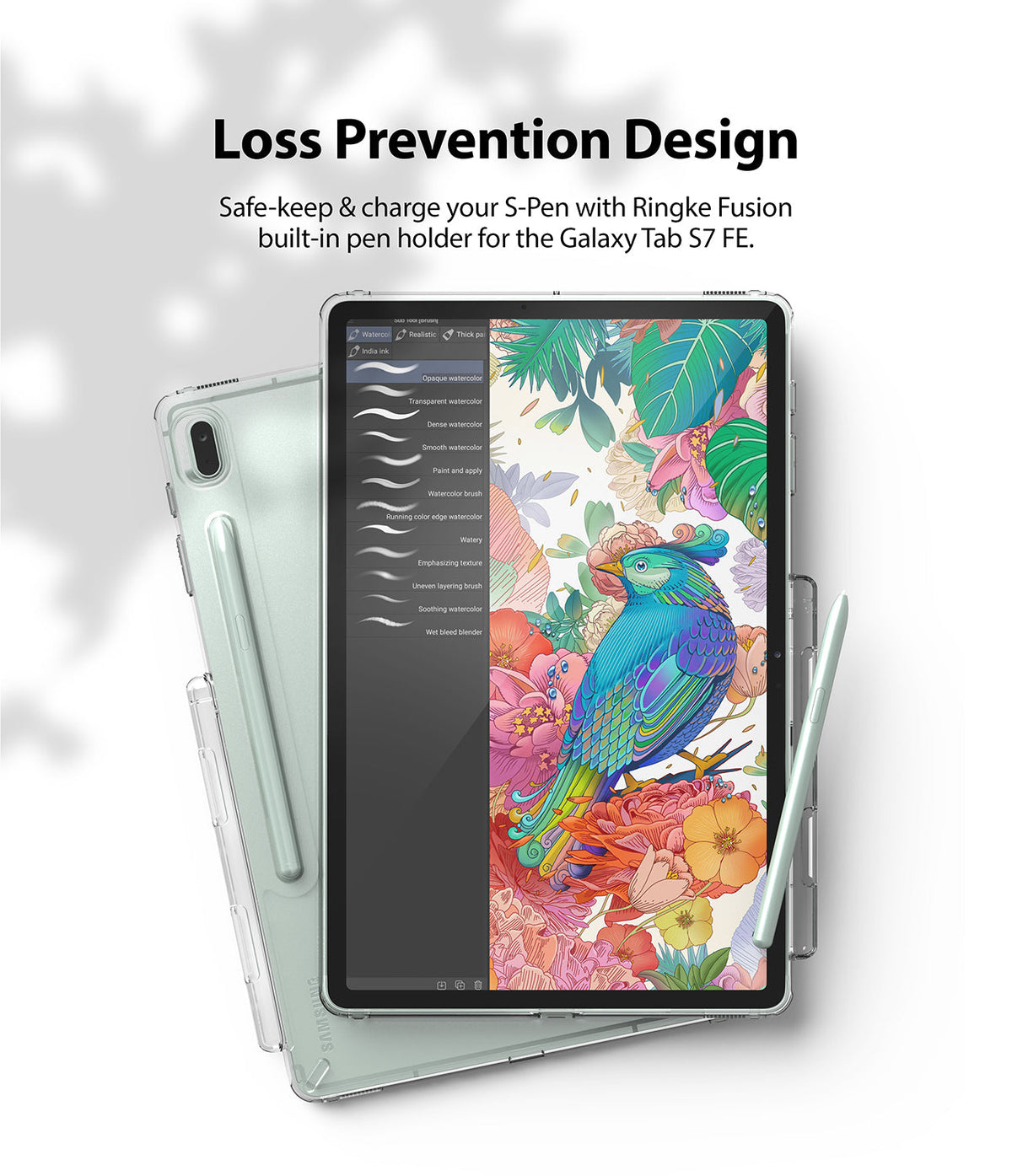 Galaxy Tab S7 FE Case | Fusion - Tablet in clear case with built-in S-Pen holder and stylus on a floral background.