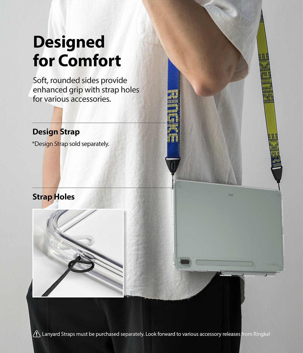 Galaxy Tab S7 FE Case | Fusion - Tablet in clear case worn with a colorful shoulder strap, showing integrated strap holes.