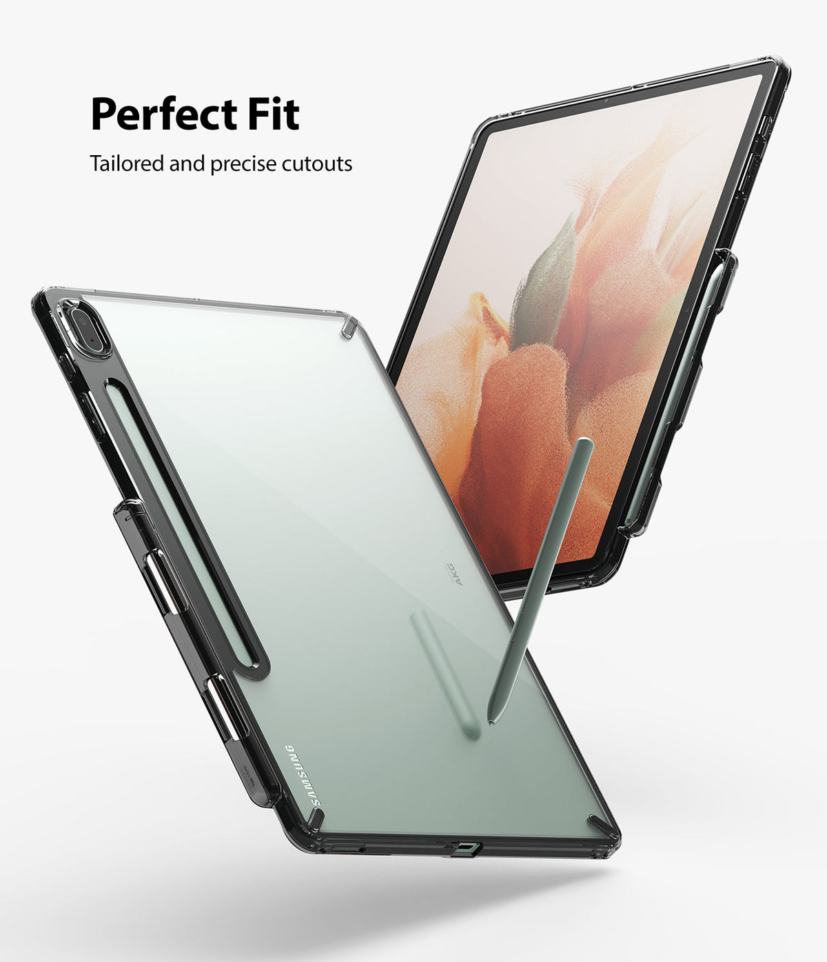 Galaxy Tab S7 FE Case | Fusion - Clear protective case on a tablet with precise cutouts and an integrated S Pen holder.
